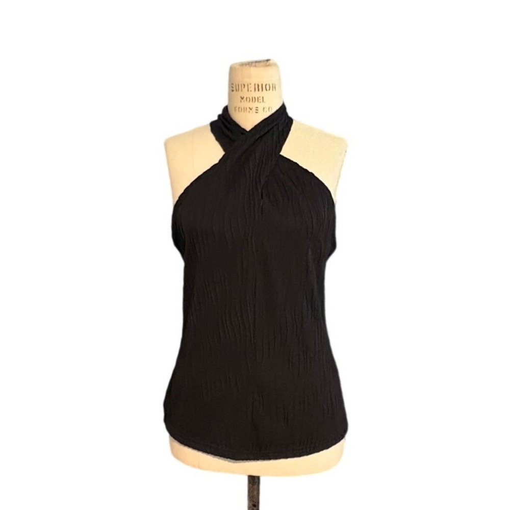 Black Criss Cross Neck Front Halter Top Stretch Ribbed Sz Small US 4 Summer Tank